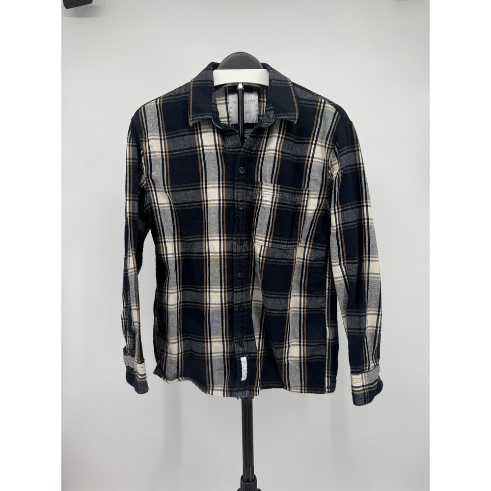 Hollister Mens Extra Small Plaid Flannel Shirt Navy Blue White Tan Long Sleeve
